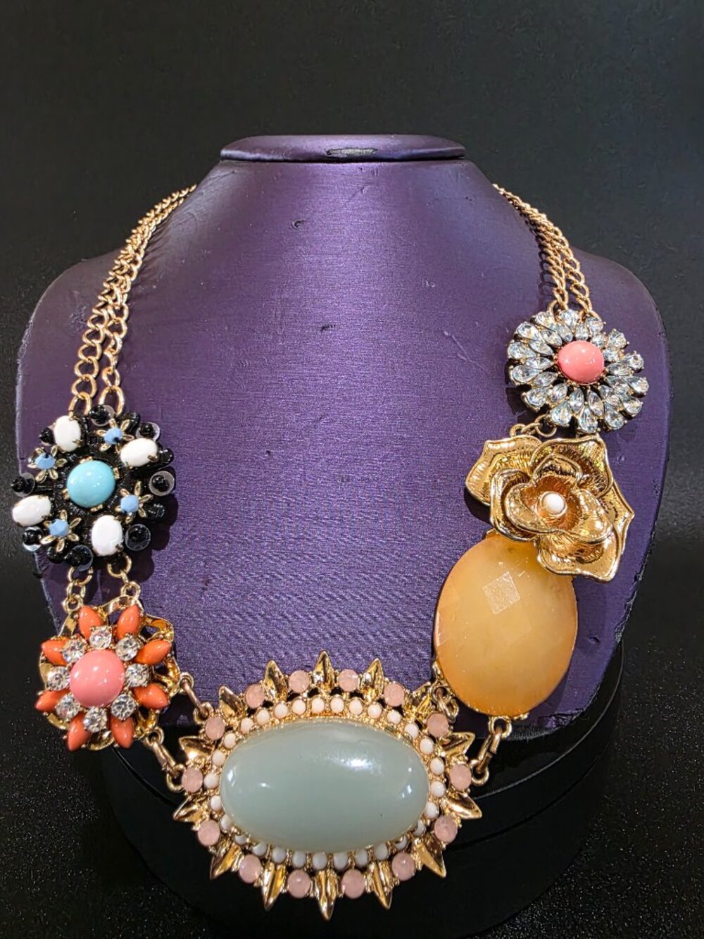 Ann Taylor Mixed Material Floral Cabochon Statement Necklace - Excellent